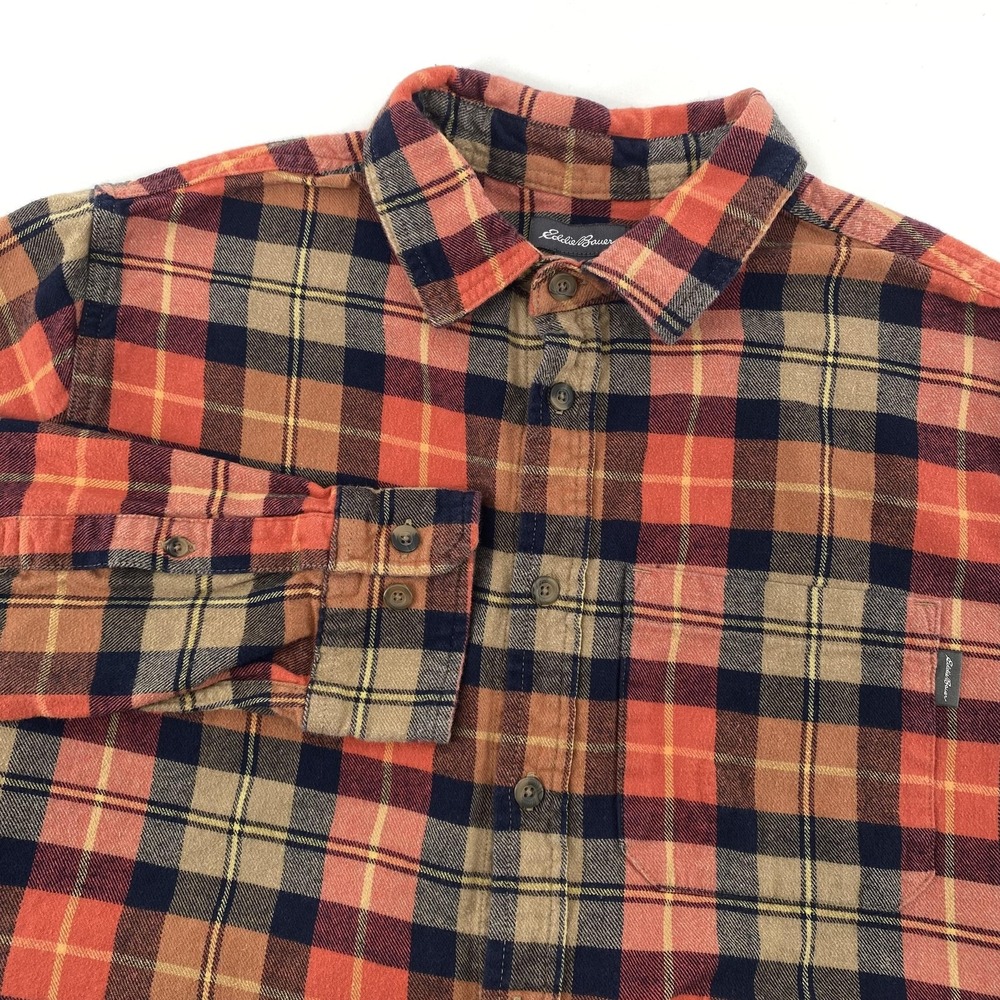 Eddie Bauer Shirt Mens Large Orange Brown Plaid Flannel Button Front Long Sleeve
